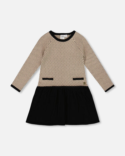 Robe pull tricotée à manches longues noire et beige
