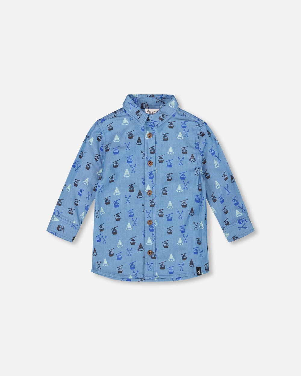 Chemise en chambray bleue imprimée à manches longues et boutonnée devant