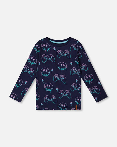 T-shirt à manches longues en coton biologique imprimé intégral bleu marine