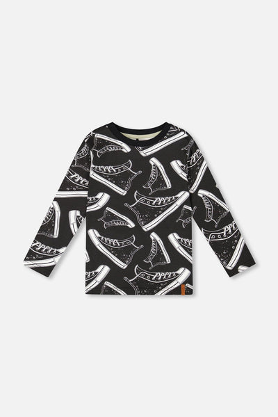 T-shirt à manches longues en coton biologique à imprimé intégral Noir