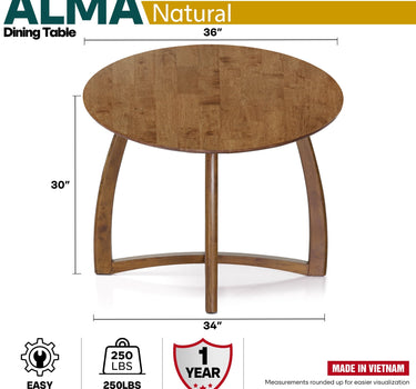 Alma 36 Inches Round Dining Table for 4, Mid-Century Modern Kitchen & Dining Room Tables