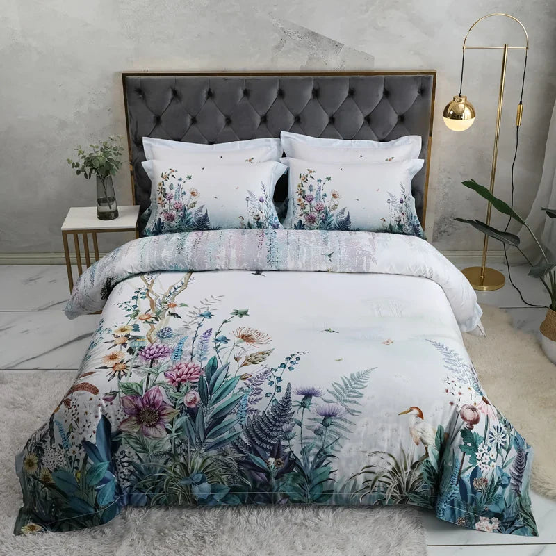 Ensemble de couette en coton à 600 fils Wild Whimsy à fleurs - Blanc/Aqua