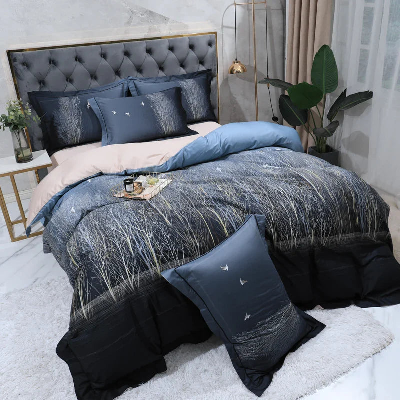 Ensemble de couette en coton floral Wild Whimsy 600 TC - Bleu Marine