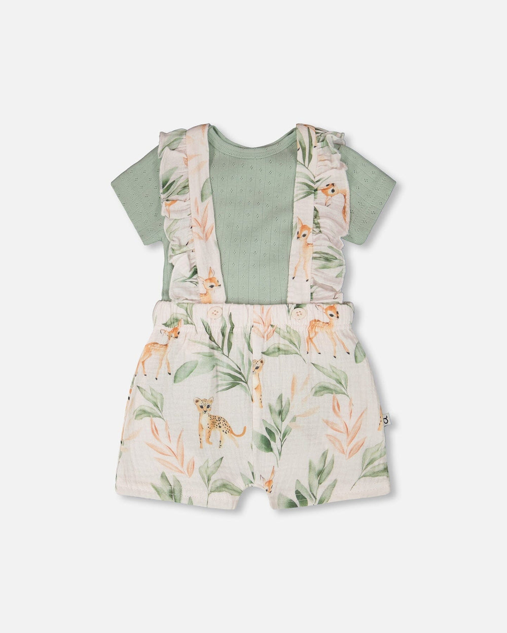 Pointelle Onesie And Cotton Muslin Shortall Set Green And Peach Deer Print — Deux par Deux
