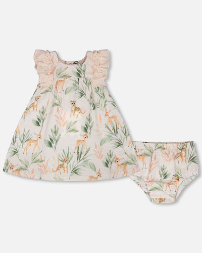 Ensemble Robe et Bloomer en Mousseline Imprimé Cerf Pêche
