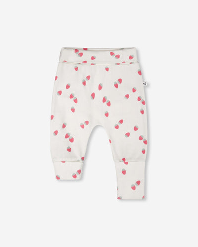 Pantalon évolutif en jersey de coton imprimé fraises, blanc