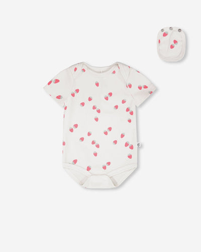 Evolutive Cotton Rib Jersey Onesie White Printed Strawberries