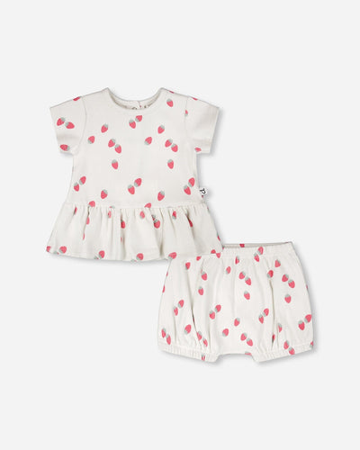 Ensemble haut et short en jersey côtelé de coton blanc imprimé fraises