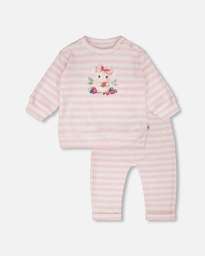 Ensemble haut et pantalon en jersey de coton à rayures blanches et roses