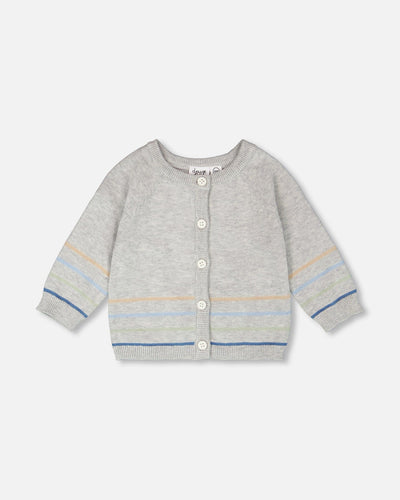 Cotton Knit Striped Button Front Cardigan Light Heather Grey