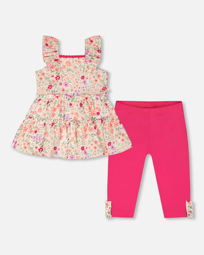 Ensemble tunique et capri en coton biologique blanc cassé imprimé fleuri et rose