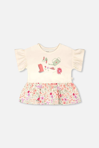 Tunique Bi-Matière Coton Bio Imprimé Fleurs Beige