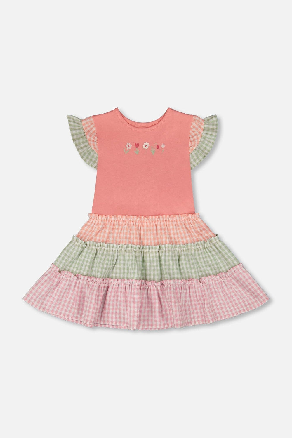Organic Cotton Bi-Material Dress Coral And Gingham