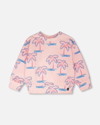 Sweat-shirt en molleton rose clair à imprimé palmiers