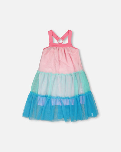Robe en maille rose et bleue