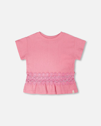 T-shirt long en jersey froissé avec empiècement en crochet rose