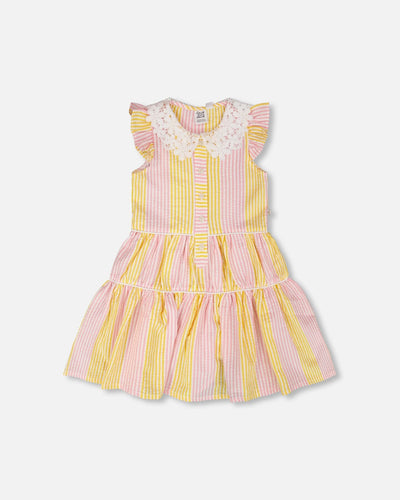 Robe sans manches à col Claudine au crochet rayé rose et jaune