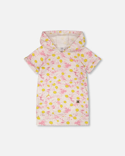 Robe à capuche en molleton French Terry à imprimé marguerites rose