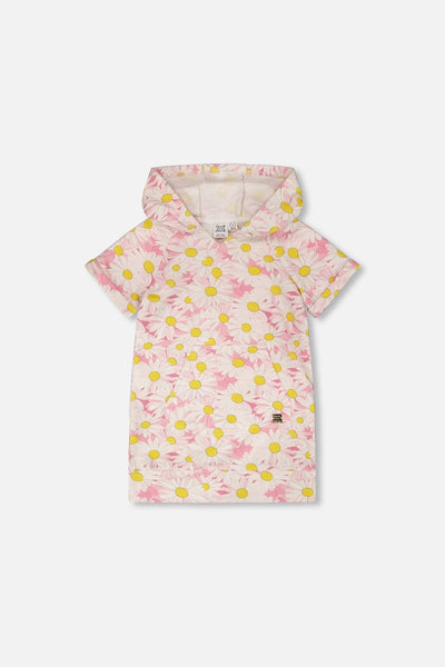 French Terry Hooded Dress Pink Printed Daisies
