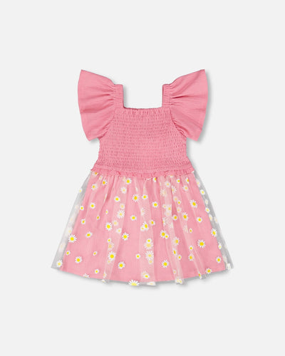 Robe en maille et jersey froissé avec smocks rose