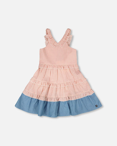 Robe en popeline et chambray à rayures écrues et roses
