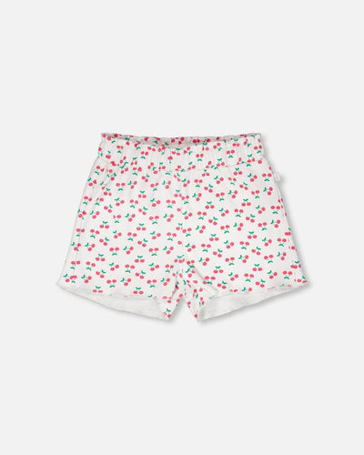 Short côtelé blanc imprimé cerises