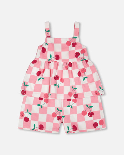 Organic Cotton Jersey Romper Pink Printed Cherries