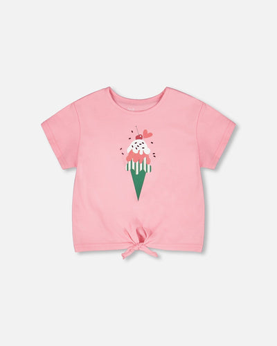 Organic Cotton Jersey T-Shirt With Tie At Waist Pink