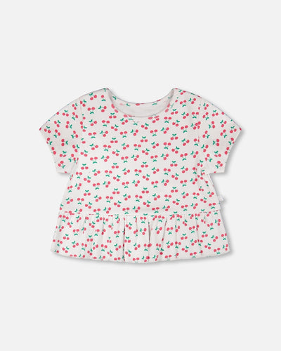 Rib Crop T-Shirt With Frill White Printed Cheeries