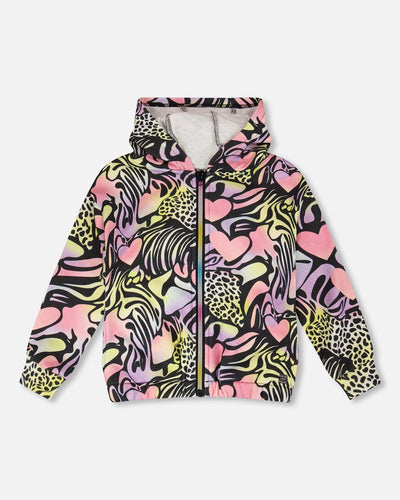 Sweat à capuche zippé en molleton éponge noir imprimé multicolore