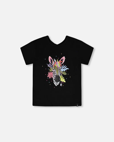 Organic Cotton Jersey T-Shirt Black With Zebra