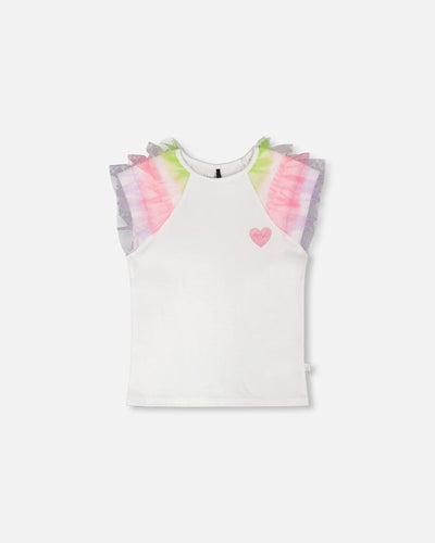 T-Shirt en Jersey de Coton Biologique Blanc avec Manches en Maille Multicolore