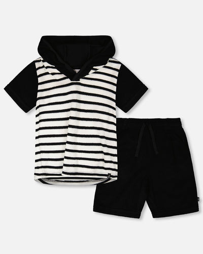 Hooded Terry T-Shirt With Shorts Set Black And White Stripes