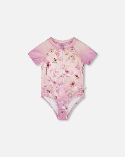 One-Piece Swimsuit Purple Flower Print