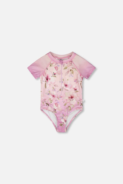 One-Piece Swimsuit Purple Flower Print