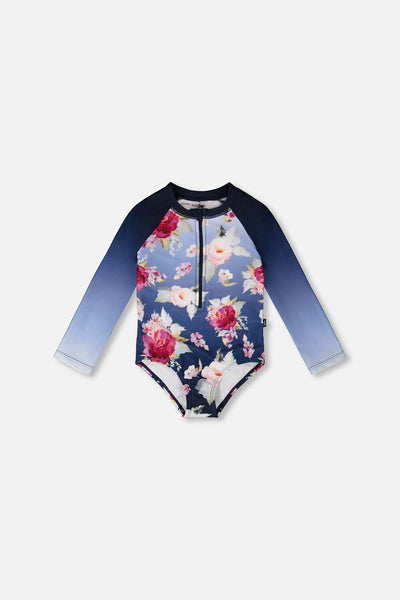One-Piece Long Sleeve Rashguard Blue Rose Print