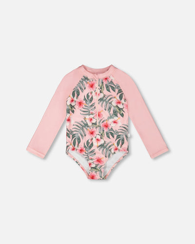 One-Piece Long Sleeve Rashguard Pink Hibiscus Print