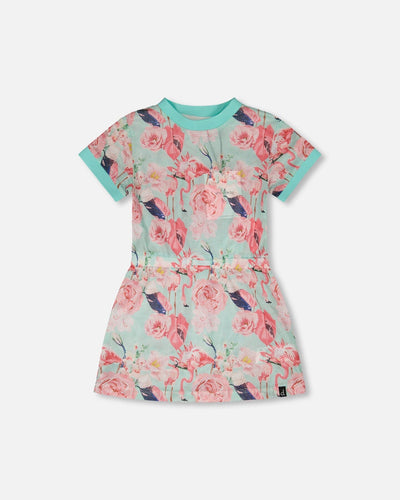 Robe de plage en résille imprimé flamant rose bleu
