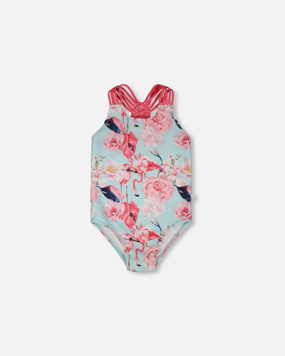 One-Piece Swimsuit Blue Flamingo Print