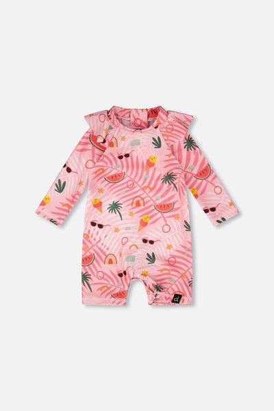 Baby And Toddler One-Piece Long Sleeve Rashguard Pink Beach Print Swimsuit