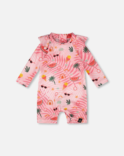 Baby And Toddler One-Piece Long Sleeve Rashguard Pink Beach Print Swimsuit