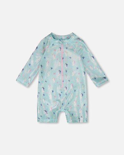 Combinaison anti-UV une pièce à manches longues bébé et tout-petit, imprimé hippocampe bleu