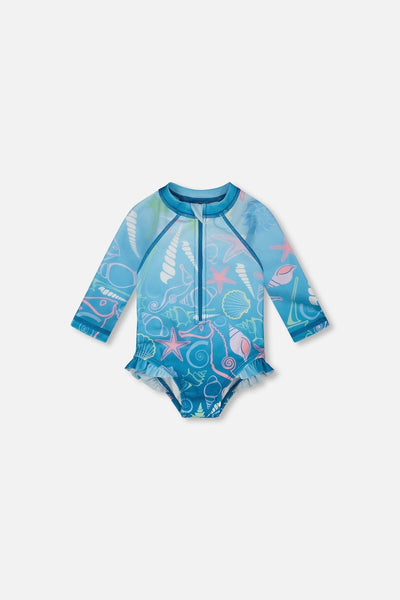 Combinaison anti-UV une pièce à manches longues pour bébé et jeune enfant, imprimé coquillage bleu