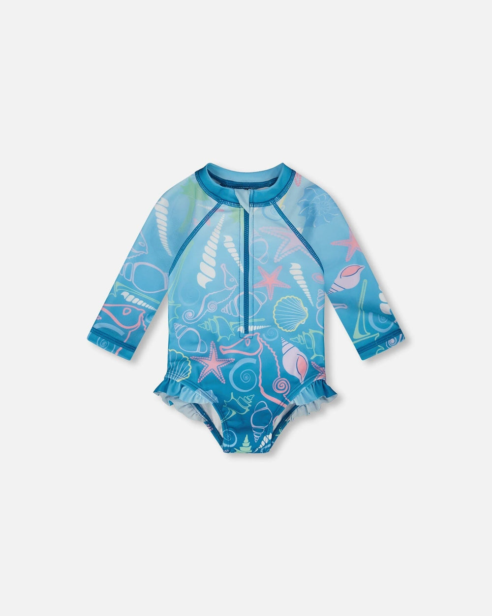 Combinaison anti-UV une pièce à manches longues pour bébé et jeune enfant, imprimé coquillage bleu