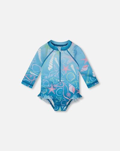 Combinaison anti-UV une pièce à manches longues pour bébé et jeune enfant, imprimé coquillage bleu