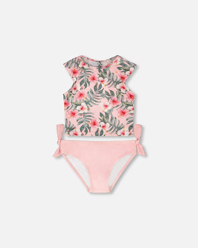 Maillot de bain deux pièces imprimé hibiscus rose