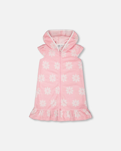 Terry Cloth Beach Hoodie Dress Pink Printed Flowers