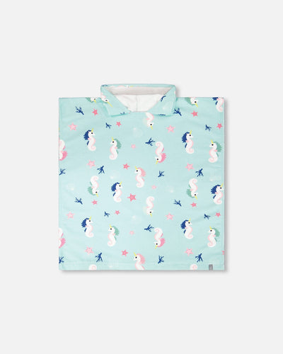 Serviette de plage à capuche, imprimé hippocampe bleu