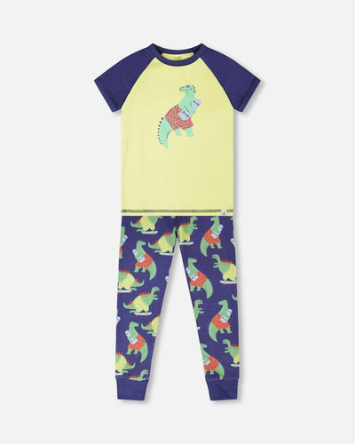 Pyjama deux pièces en coton biologique imprimé dinosaure bleu