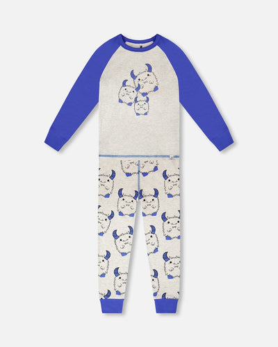 Ensemble de pyjama deux pièces en coton biologique, imprimé monstre gris chiné